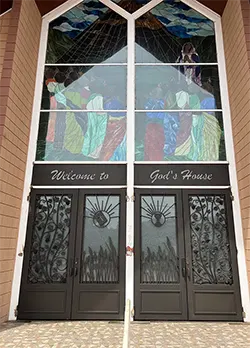 Church Decorative Double Iron Front Entry Doors with Transom Norco CA
