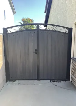 Iron & Grey Wood Double Gate with Scrolls Orange County